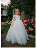 Long Sleeves Beaded Ivory Lace Tulle Flower Girl Dress